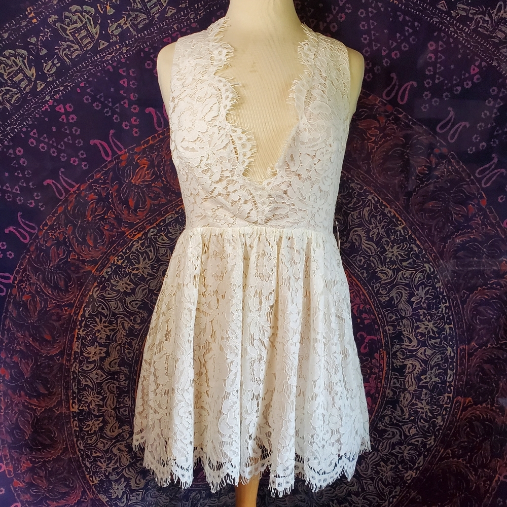 NWT Tobi Off White Lace Sleeveless Deep-V Sheer Back Mini Dress Womens Medium - Picture 1 of 15